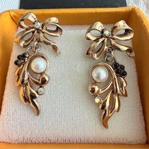 Vintage Gold Tone Bow Drop Earrings Faux Pearl Crystal Accents